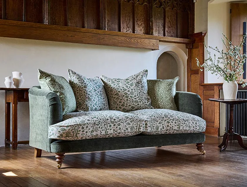 1 Helmsley 3 Seater Sofa in Mohair Fir with Seat and Back Cushions in Trailing Ivy Olive and Small Trailing Ivy Olive